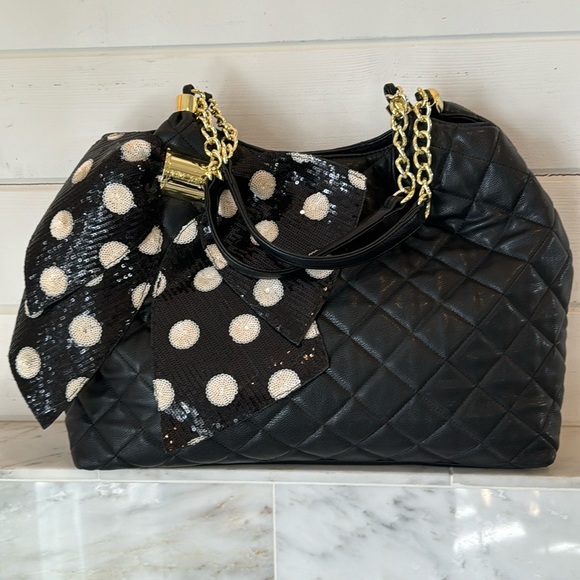 Betsy Johnson Large Black Quilted Sequin Polka Dot Bow Tote Bag - Picture 14 of 14
